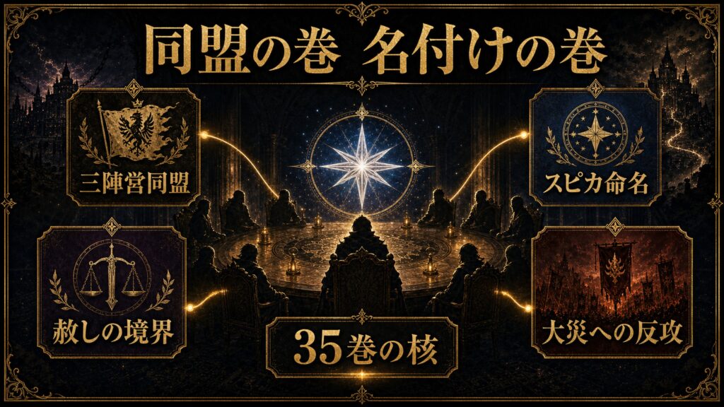 リゼロ35巻の位置づけを三陣営同盟、スピカ命名、赦しの境界、大災への反攻、35巻の核として整理した図解