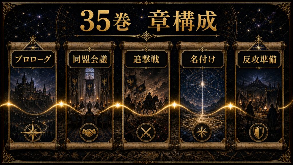 リゼロ35巻の章構成をプロローグ、同盟会議、追撃戦、名付け、反攻準備として整理した図解