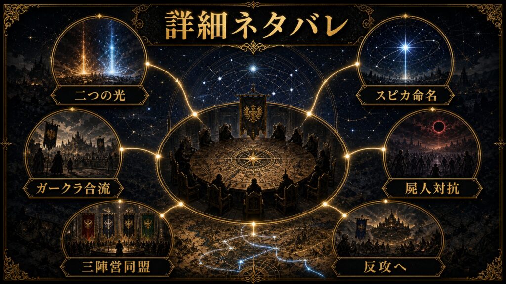 リゼロ35巻の詳細ネタバレを二つの光、ガークラ合流、三陣営同盟、スピカ命名、屍人対抗、反攻へとして整理した図解