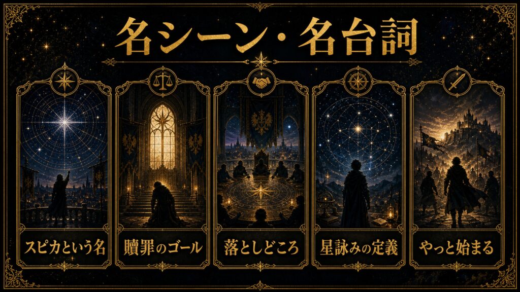 リゼロ35巻の名シーンと名台詞をスピカという名、贖罪のゴール、落としどころ、星詠みの定義、やっと始まるとして整理した図解