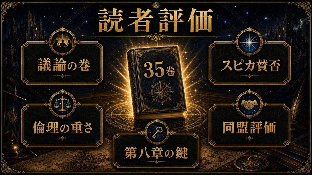 リゼロ35巻の読者評価を議論の巻、35巻、第八章の鍵、スピカ賛否、倫理の重さ、同盟評価として整理した図解