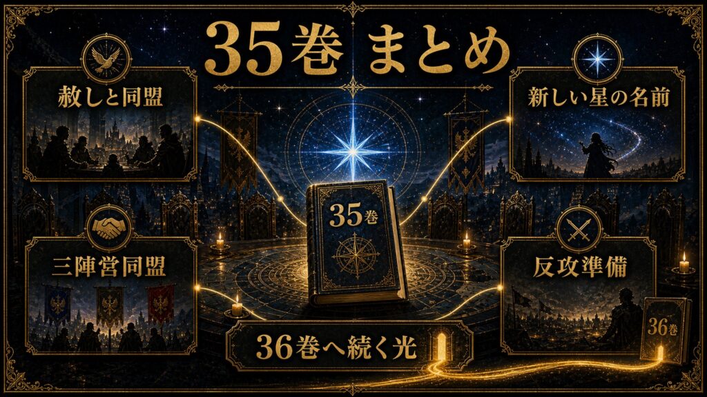 リゼロ35巻のまとめを赦しと同盟、新しい星の名前、三陣営同盟、反攻準備、36巻へ続く光として整理した図解