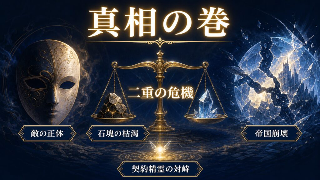 リゼロ36巻の位置づけを真相の巻、二重の危機、敵の正体、石塊の枯渇、帝国崩壊、契約精霊の対峙として整理した図解