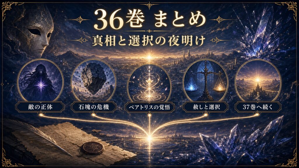 リゼロ36巻のまとめを真相と選択の夜明け、敵の正体、石塊の危機、ベアトリスの覚悟、赦しと選択、37巻へ続くとして整理した図解