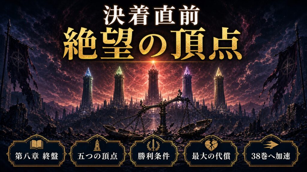 リゼロ37巻の位置づけを決着直前、絶望の頂点、第八章終盤、五つの頂点、勝利条件、最大の代償、38巻へ加速として整理した図解