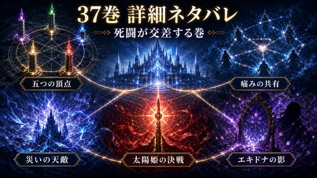 リゼロ37巻の詳細ネタバレを五つの頂点、痛みの共有、太陽姫の決戦、災いの天敵、エキドナの影として整理した図解
