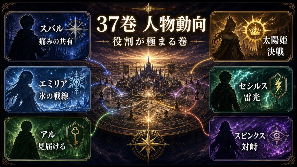 リゼロ37巻の人物動向をスバル痛みの共有、太陽姫決戦、エミリア氷の戦線、セシルス雷光、アル見届ける、スピンクス対峙として整理した図解