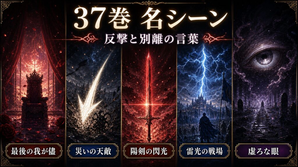 リゼロ37巻の名シーンを最後の我が儘、災いの天敵、陽剣の閃光、雷光の戦場、虚ろな眼として整理した図解
