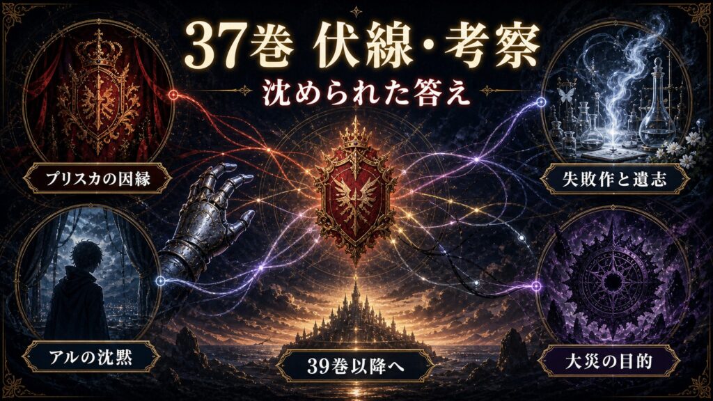 リゼロ37巻の伏線と考察をプリスカの因縁、アルの沈黙、失敗作と遺志、大災の目的、39巻以降へとして整理した図解
