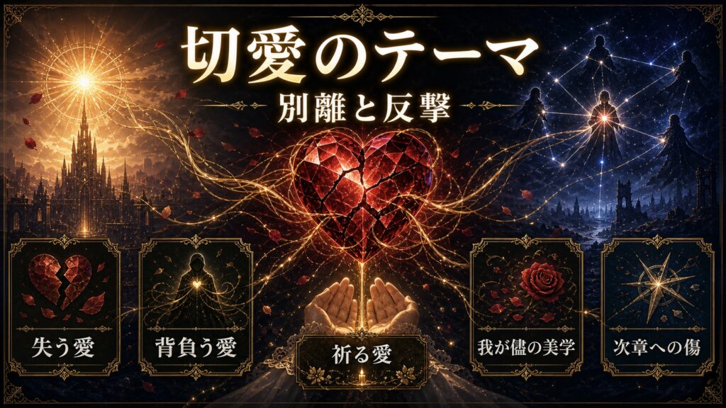 リゼロ37巻の切愛のテーマを別離と反撃、失う愛、背負う愛、祈る愛、我が儘の美学、次章への傷として整理した図解