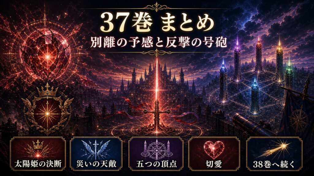 リゼロ37巻のまとめを別離の予感と反撃の号砲、太陽姫の決断、災いの天敵、五つの頂点、切愛、38巻へ続くとして整理した図解