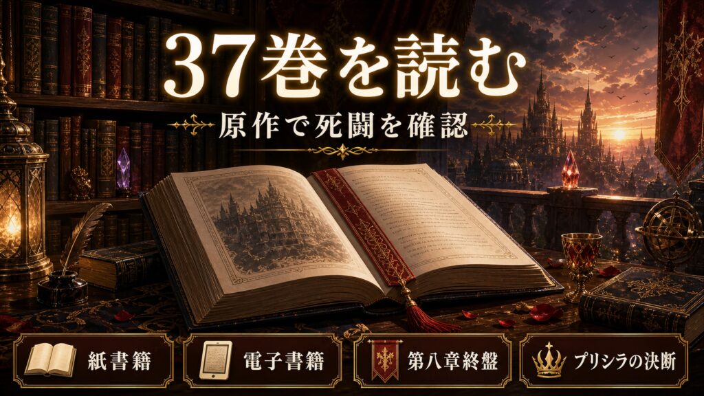 リゼロ37巻を読む導線を紙書籍、電子書籍、第八章終盤、プリシラの決断として整理した図解