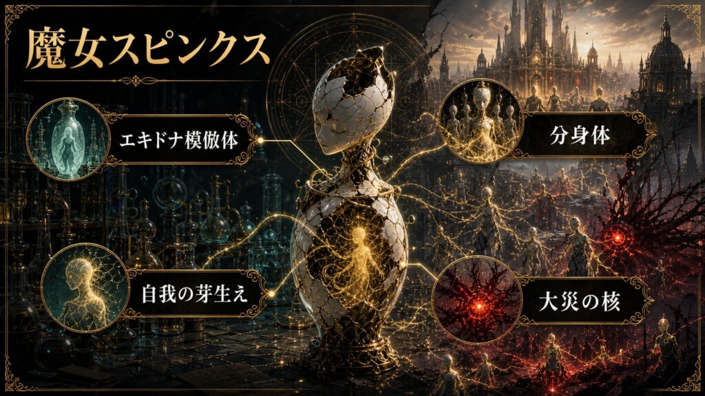 魔女スピンクスをエキドナ模倣体、自我の芽生え、分身体、大災の核として整理した図解