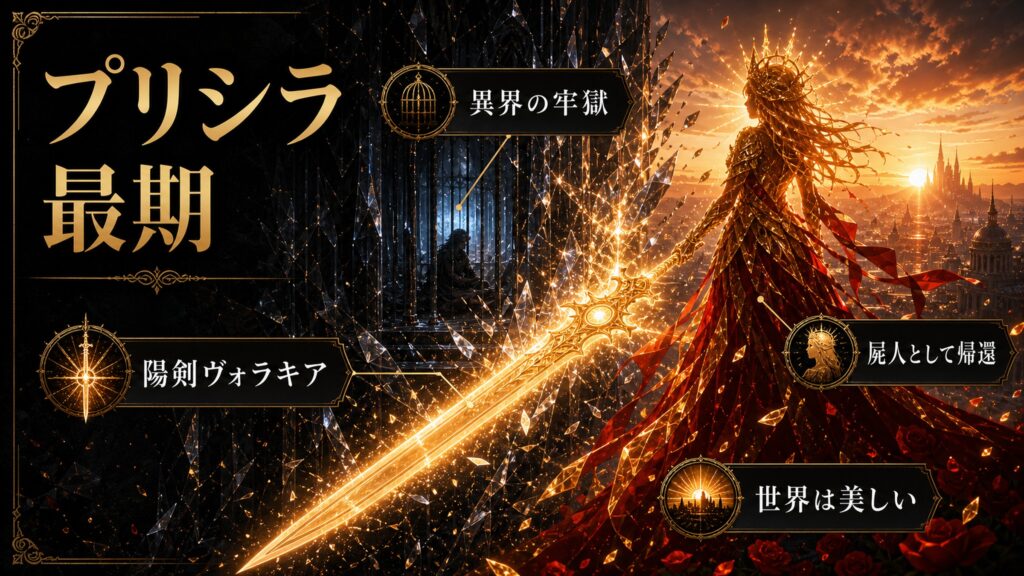 プリシラの最期を異界の牢獄、陽剣ヴォラキア、屍人として帰還、世界は美しいとして整理した図解
