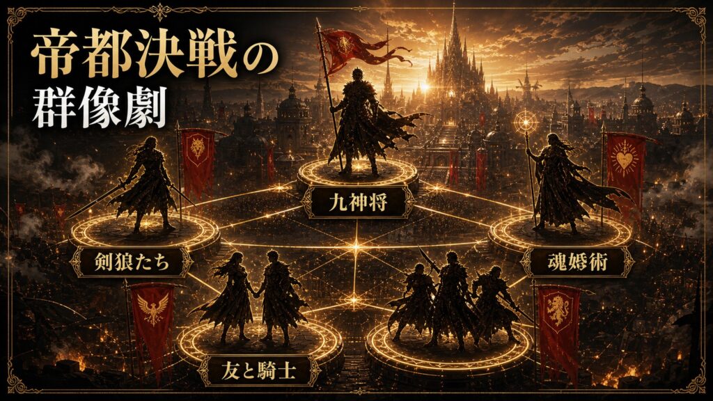 帝都決戦の群像劇を剣狼たち、九神将、魂婚術、友と騎士として整理した図解