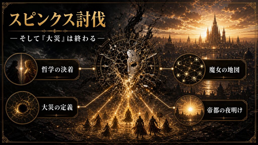 スピンクス討伐を哲学の決着、大災の定義、魔女の地図、帝都の夜明けとして整理した図解