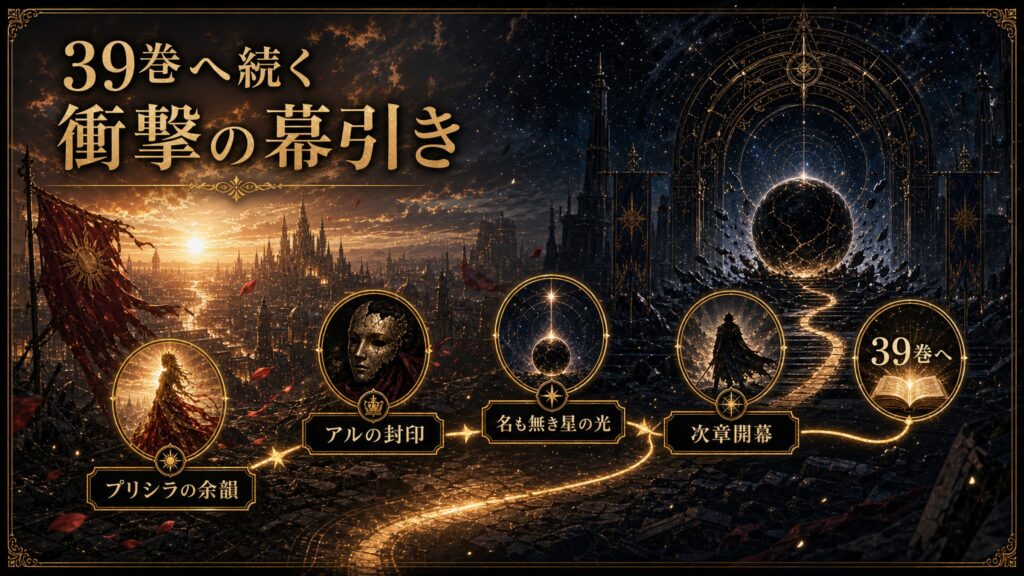 39巻への橋渡しをアルの封印、名も無き星の光、プリシラの余韻、次章開幕として整理した図解
