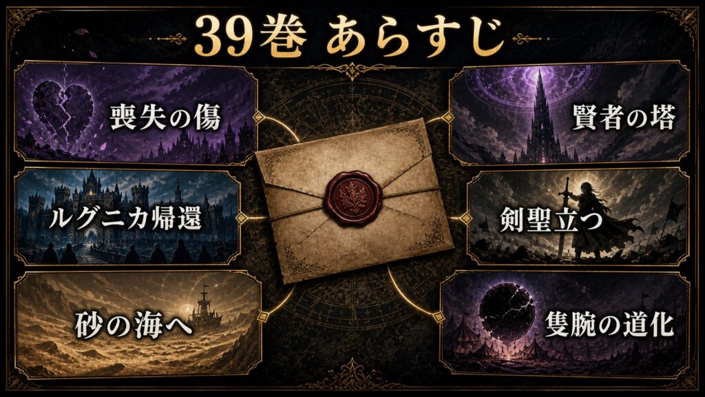 リゼロ原作小説39巻の公式あらすじを喪失の傷、ルグニカ帰還、砂の海、賢者の塔、剣聖立つ、隻腕の道化として整理した図解