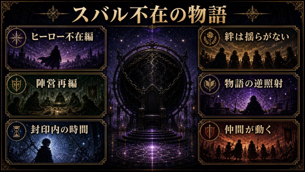 リゼロ39巻のスバル不在の物語をヒーロー不在編、陣営再編、封印内の時間、絆は揺らがない、物語の逆照射、仲間が動くとして整理した図解