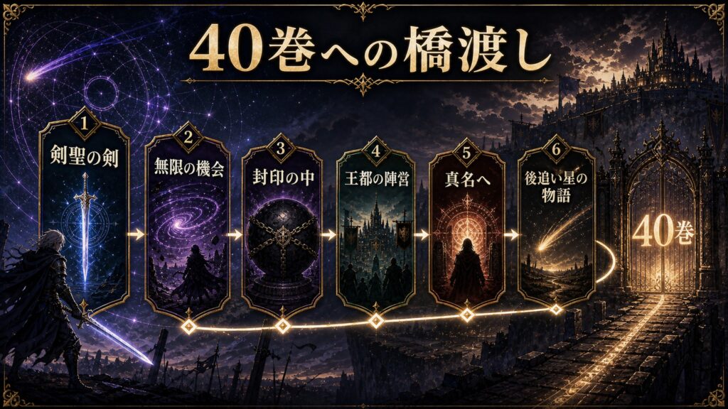 リゼロ39巻から40巻への橋渡しを剣聖の剣、無限の機会、封印の中、王都の陣営、真名へ、後追い星の物語として整理した図解