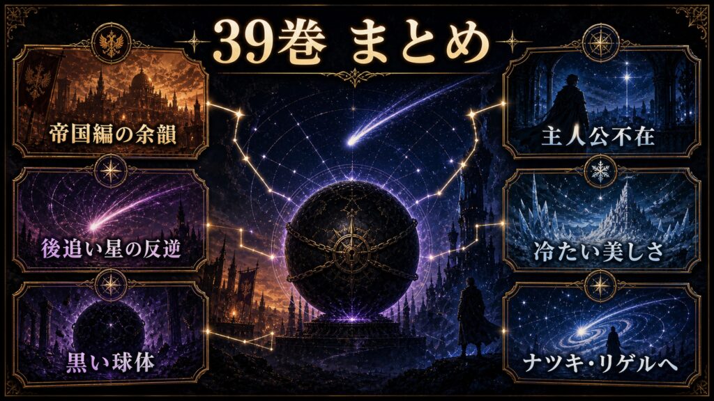 リゼロ39巻のまとめを帝国編の余韻、後追い星の反逆、黒い球体、主人公不在、冷たい美しさ、ナツキ・リゲルへとして整理した図解