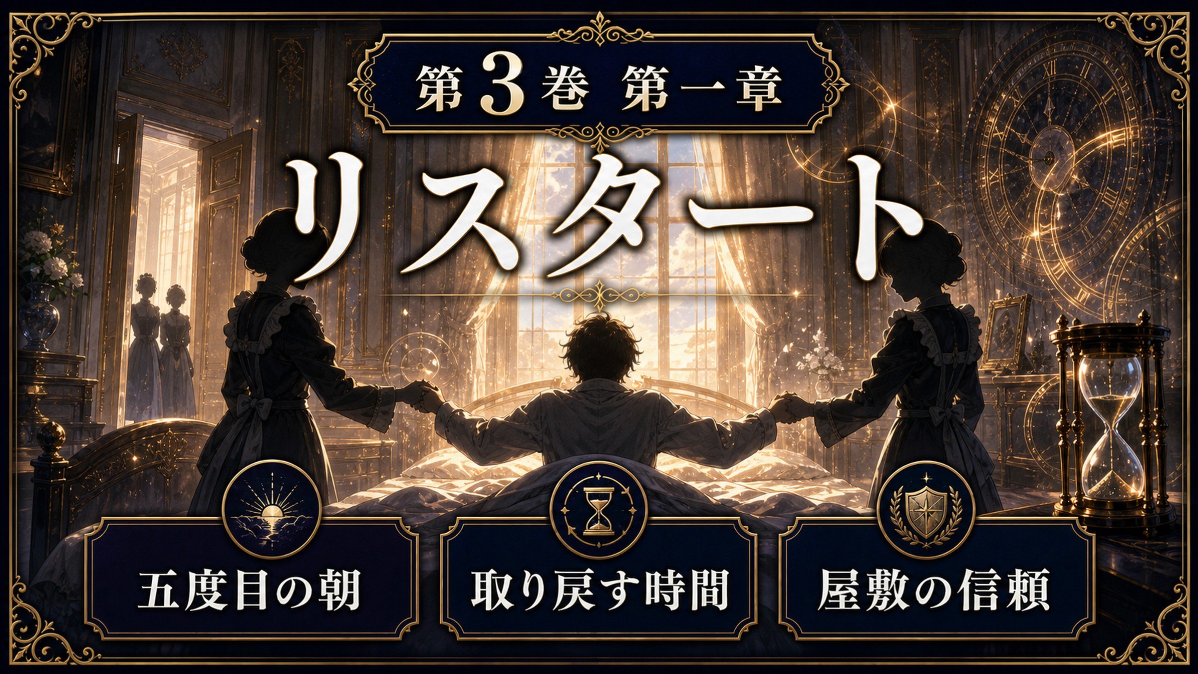 リゼロ原作小説3巻第一章をリスタート、五度目の朝、取り戻す時間、屋敷の信頼として整理した図解