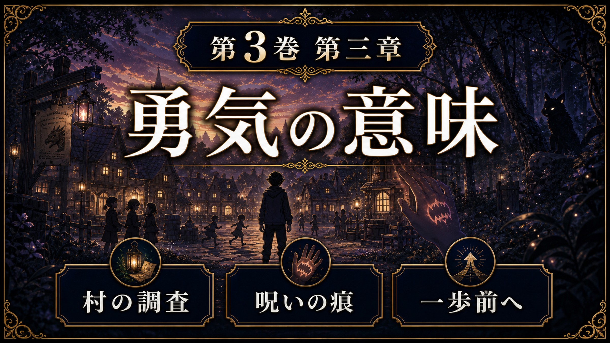 リゼロ原作小説3巻第三章を勇気の意味、村の調査、呪いの痕、一歩前へとして整理した図解