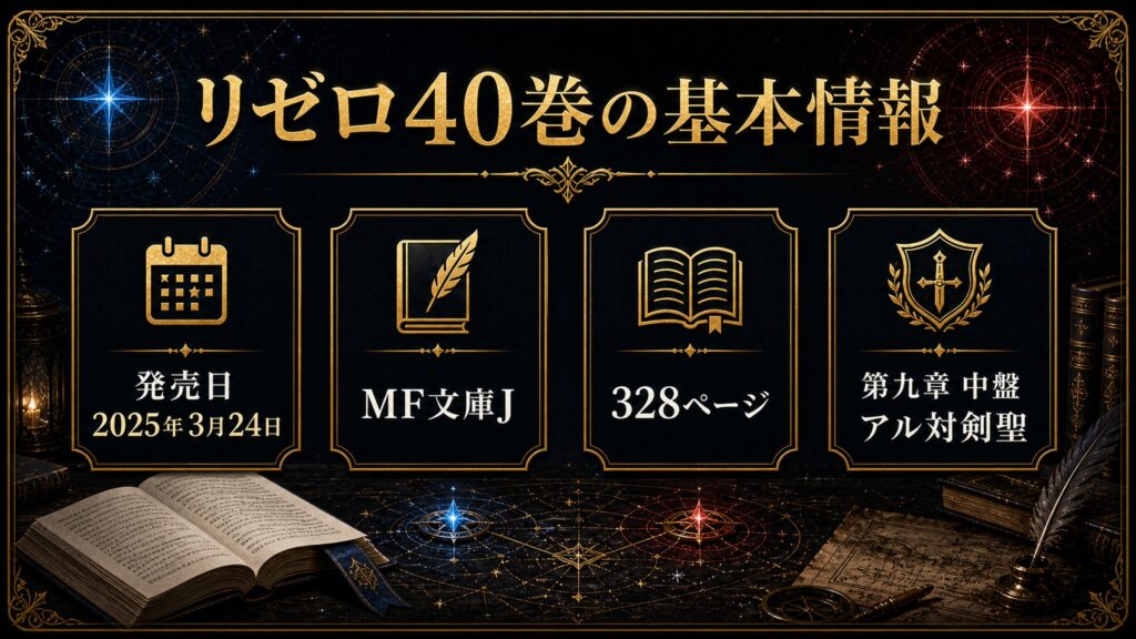 リゼロ原作小説40巻の基本情報を発売日、MF文庫J、328ページ、第九章中盤、アル対剣聖として整理した図解