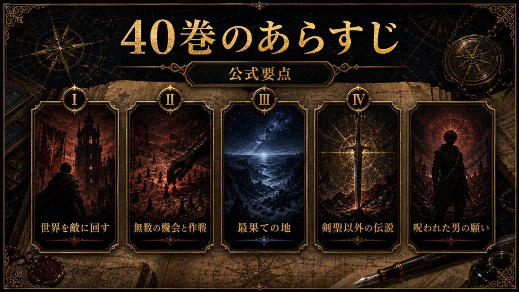 リゼロ原作小説40巻の公式あらすじ要点を世界を敵に回す、無数の機会と作戦、最果ての地、剣聖以外の伝説、呪われた男の願いとして整理した図解