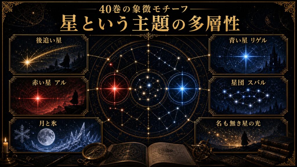 リゼロ原作小説40巻の象徴モチーフを星という主題、後追い星、赤い星アル、青い星リゲル、星団スバル、月と氷、名も無き星の光として整理した図解
