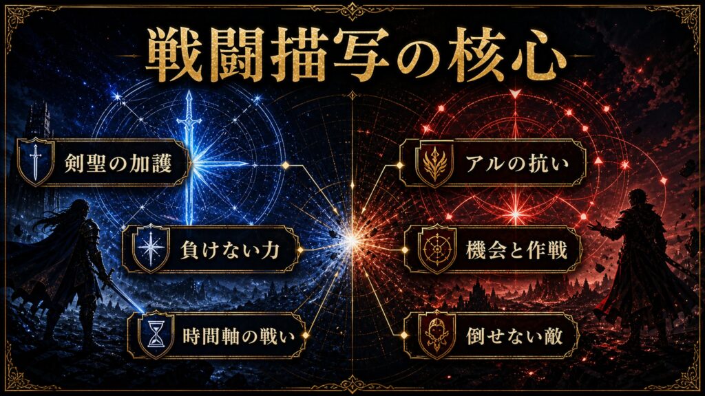 リゼロ原作小説40巻の戦闘描写を剣聖の加護、負けない力、アルの抗い、機会と作戦、時間軸の戦い、倒せない敵として整理した図解