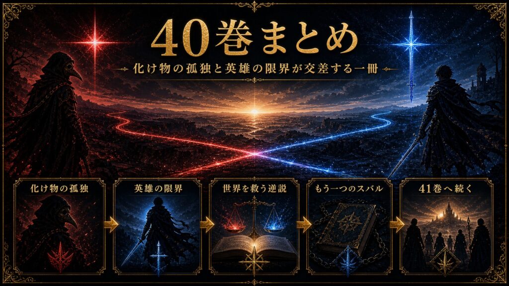 リゼロ原作小説40巻のまとめを化け物の孤独、英雄の限界、世界を救う逆説、もう一つのスバル、41巻へ続くとして整理した図解