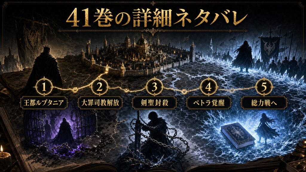 リゼロ原作小説41巻の詳細ネタバレを王都ルプタニア、大罪司教解放、剣聖封殺、ペトラ覚醒、総力戦へとして整理した図解