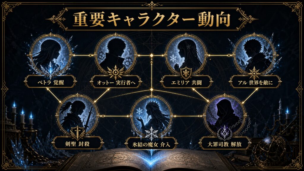 リゼロ原作小説41巻の重要キャラクター動向をペトラ覚醒、オットー実行者へ、エミリア共闘、アル世界を敵に、剣聖封殺、氷結の魔女介入、大罪司教解放として整理した図解