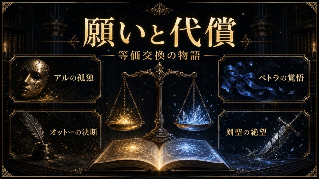 リゼロ原作小説41巻のテーマである願いと代償を等価交換の物語、アルの孤独、ペトラの覚悟、オットーの決断、剣聖の絶望として整理した図解