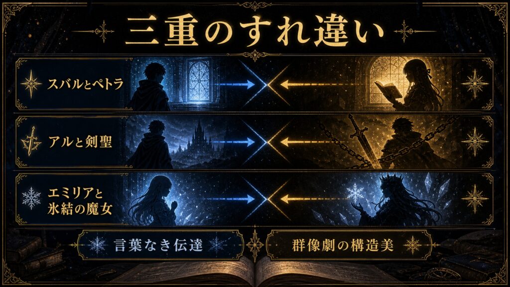 リゼロ原作小説41巻の構造美を三重のすれ違い、スバルとペトラ、アルと剣聖、エミリアと氷結の魔女、言葉なき伝達、群像劇の構造美として整理した図解