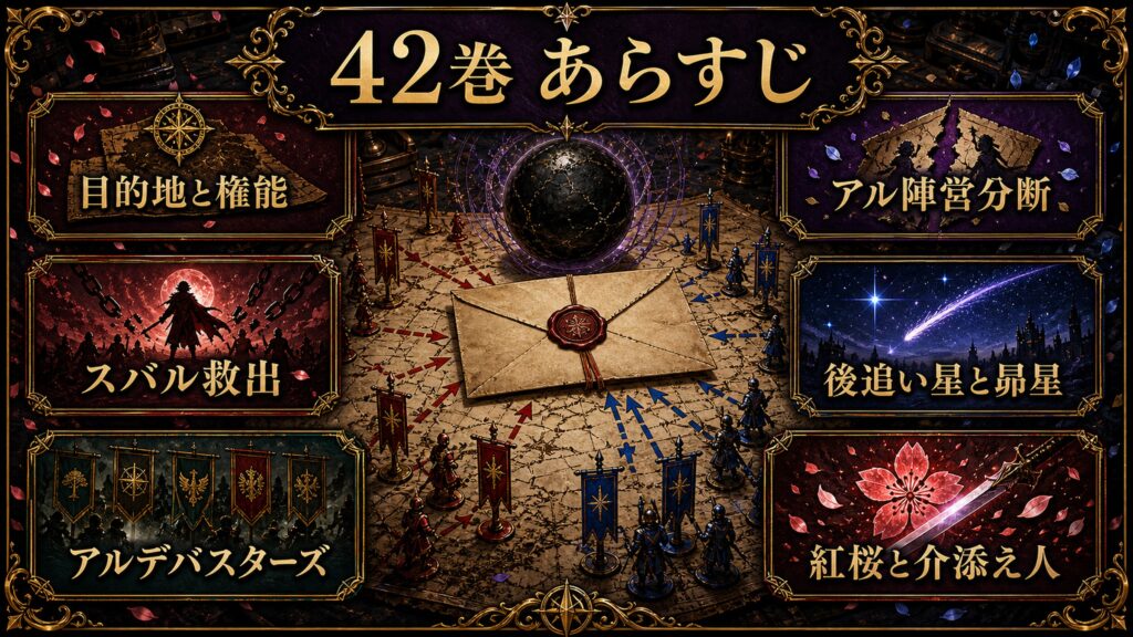 リゼロ42巻のあらすじを目的地と権能、スバル救出、アルデバスターズ、アル陣営分断、後追い星と昴星、紅桜と介添え人として整理した図解