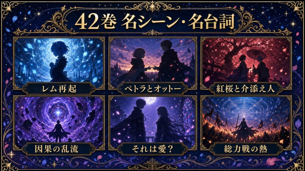 リゼロ42巻の名シーンと名台詞をレム再起、ペトラとオットー、紅桜と介添え人、因果の乱流、それは愛、総力戦の熱として整理した図解