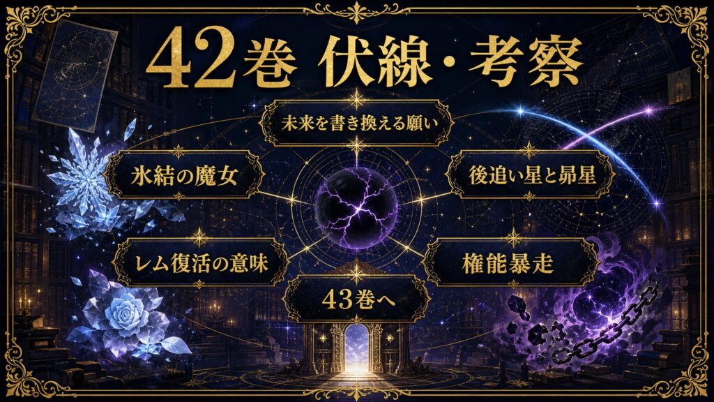 リゼロ42巻の伏線と考察を未来を書き換える願い、氷結の魔女、後追い星と昴星、レム復活の意味、権能暴走、43巻へとして整理した図解