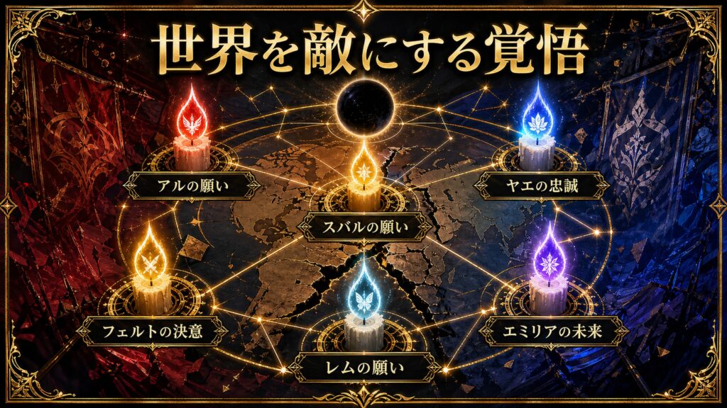 リゼロ42巻のテーマをアルの願い、ヤエの忠誠、スバルの願い、レムの願い、フェルトの決意、エミリアの未来として整理した図解