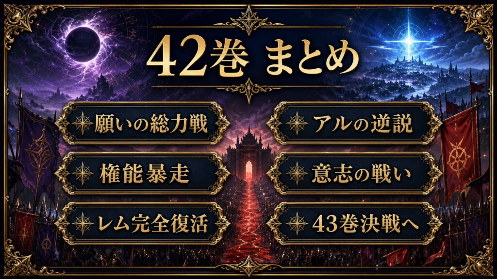 リゼロ42巻のまとめを願いの総力戦、権能暴走、レム完全復活、アルの逆説、意志の戦い、43巻決戦へとして整理した図解