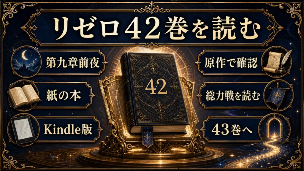 リゼロ42巻を読む導線を第九章前夜、紙の本、Kindle版、原作で確認、総力戦を読む、43巻へとして整理した図解