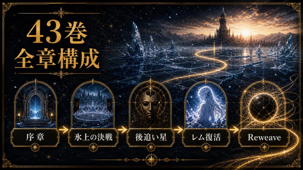 リゼロ原作小説43巻の全章構成を序章、氷上の決戦、後追い星、レム復活、Reweaveとして整理した図解