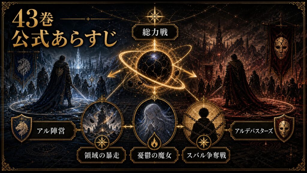 リゼロ原作小説43巻の公式あらすじを総力戦、領域の暴走、憂鬱の魔女、スバル争奪戦として整理した図解