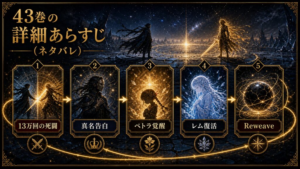 リゼロ原作小説43巻の詳細ネタバレを13万回の死闘、真名告白、ペトラ覚醒、レム復活、Reweaveとして整理した図解