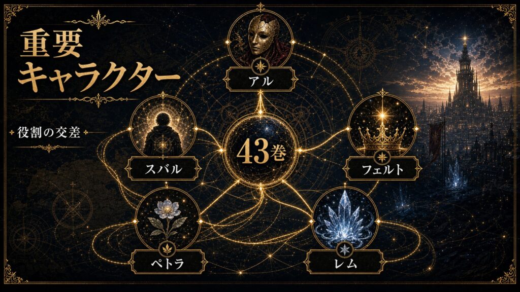 リゼロ原作小説43巻の重要キャラクターをアル、スバル、フェルト、ペトラ、レム、役割の交差として整理した図解