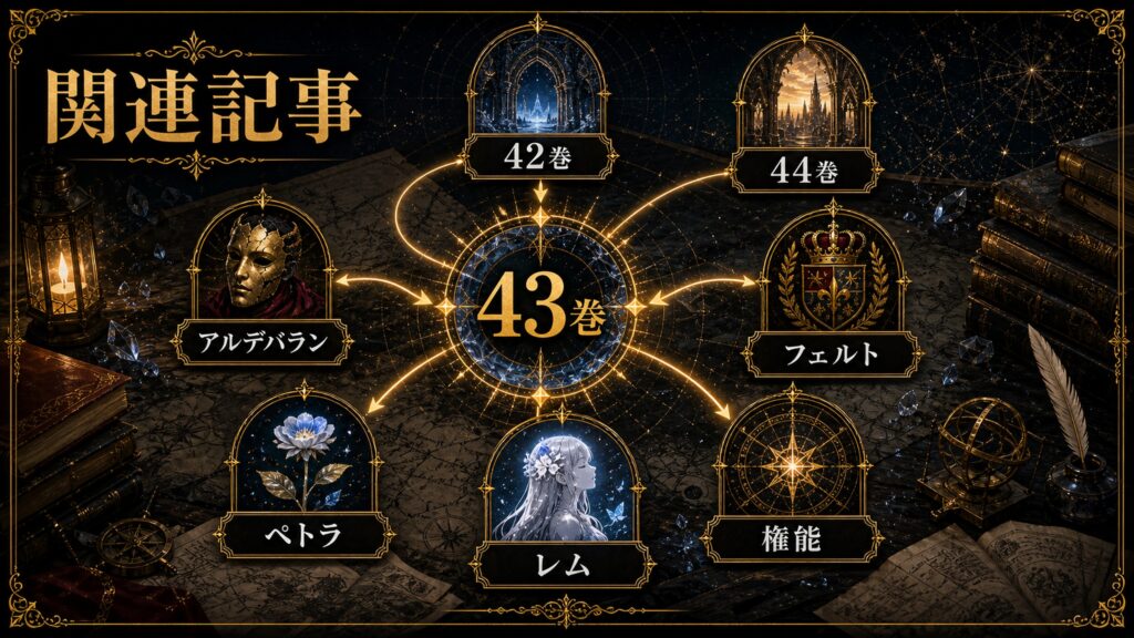 リゼロ43巻の関連記事を42巻、44巻、アルデバラン、フェルト、ペトラ、レム、権能として整理した図解