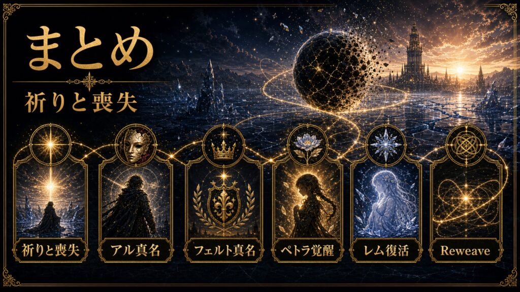 リゼロ原作小説43巻のまとめを祈りと喪失、アル真名、フェルト真名、ペトラ覚醒、レム復活、Reweaveとして整理した図解