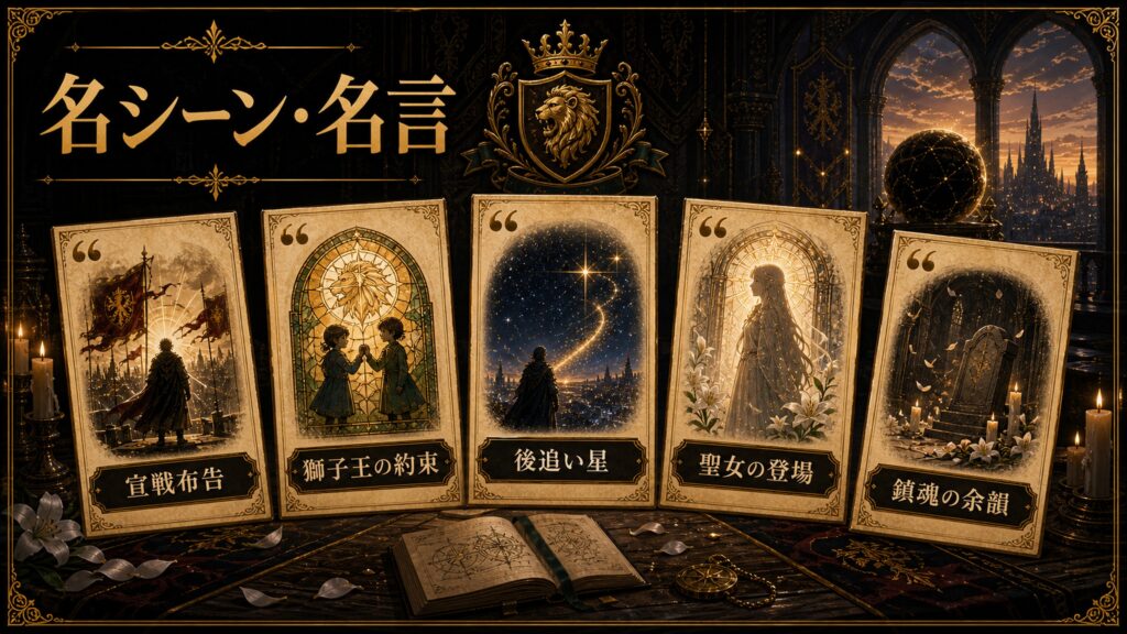 リゼロ原作小説44巻の名シーンを宣戦布告、獅子王の約束、後追い星、聖女の登場、鎮魂の余韻として整理した図解