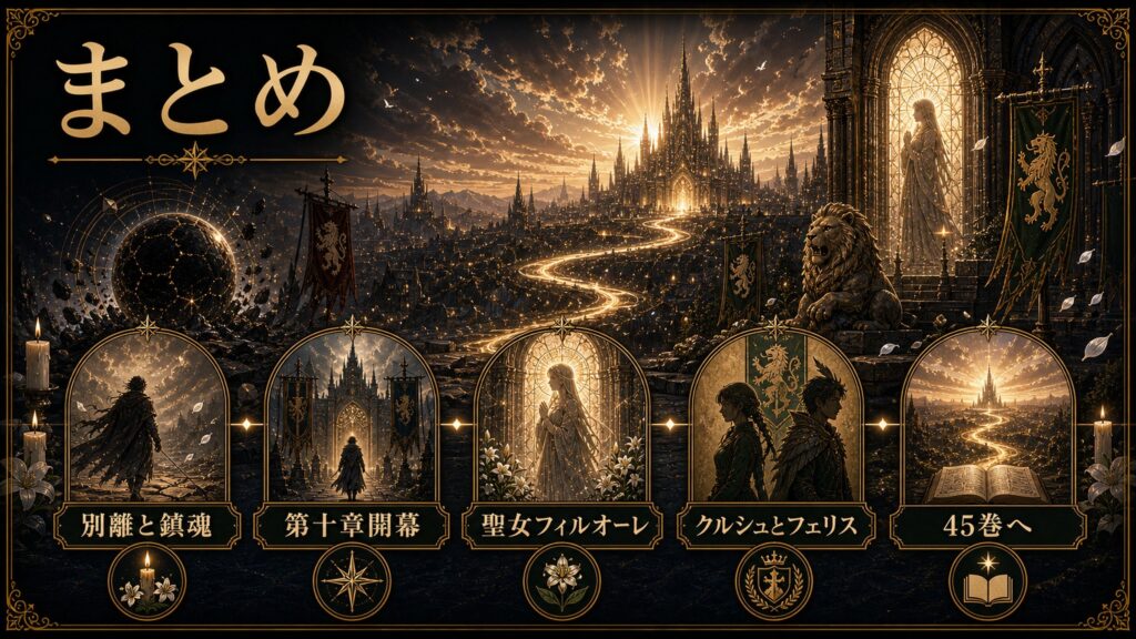 リゼロ原作小説44巻のまとめを別離と鎮魂、第十章開幕、聖女フィルオーレ、クルシュとフェリス、45巻へとして整理した図解